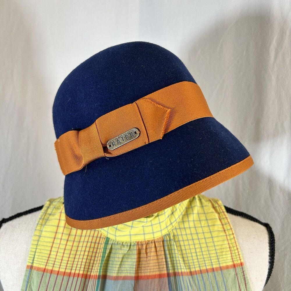 Hatch Navy Blue & Gold Ribbon Cloche Hat Cap Wool Felt Flapper Style One Size